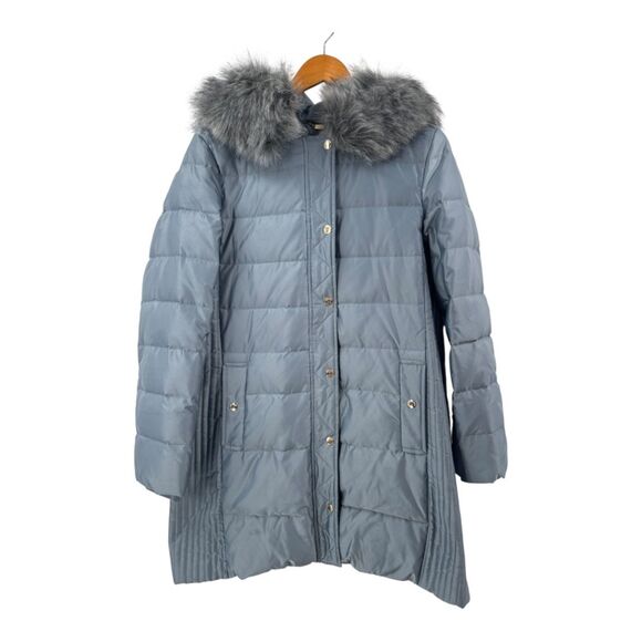 Kate Spade Coat Quilted Faux Fur Hood Down Puffer Blue Gray Size M Winter Jacket - Picture 3 of 14